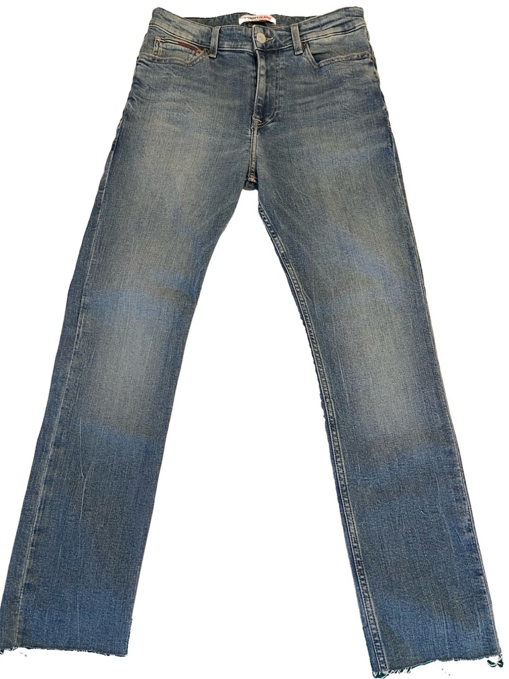 Tommy Jeans Mens Skinny W30 Simon Blue Medium Wash Distressed Hem Inseam 28